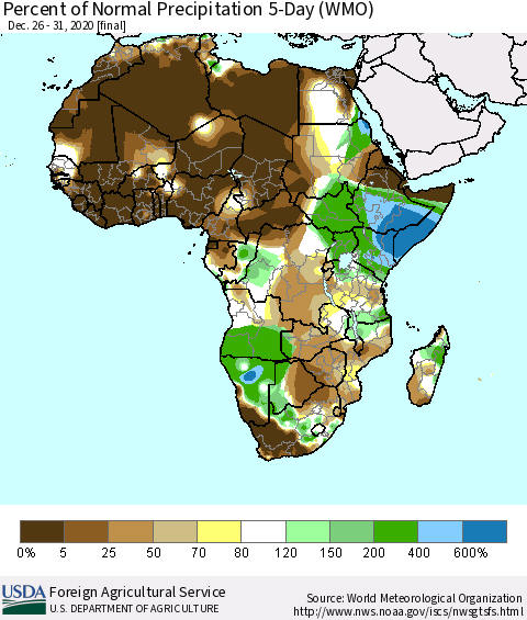 Africa Percent of Normal Precipitation 5-Day (WMO) Thematic Map For 12/26/2020 - 12/31/2020