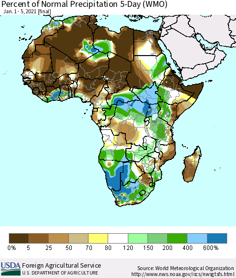 Africa Percent of Normal Precipitation 5-Day (WMO) Thematic Map For 1/1/2021 - 1/5/2021