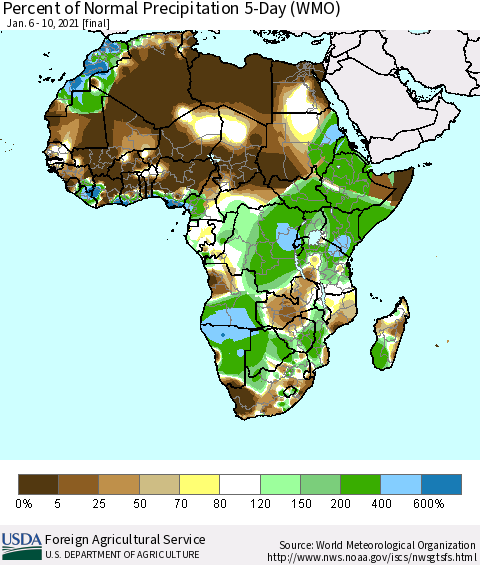 Africa Percent of Normal Precipitation 5-Day (WMO) Thematic Map For 1/6/2021 - 1/10/2021