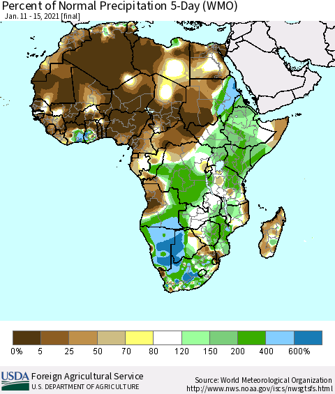Africa Percent of Normal Precipitation 5-Day (WMO) Thematic Map For 1/11/2021 - 1/15/2021