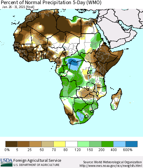 Africa Percent of Normal Precipitation 5-Day (WMO) Thematic Map For 1/26/2021 - 1/31/2021