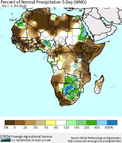 Africa Percent of Normal Precipitation 5-Day (WMO) Thematic Map For 2/1/2021 - 2/5/2021