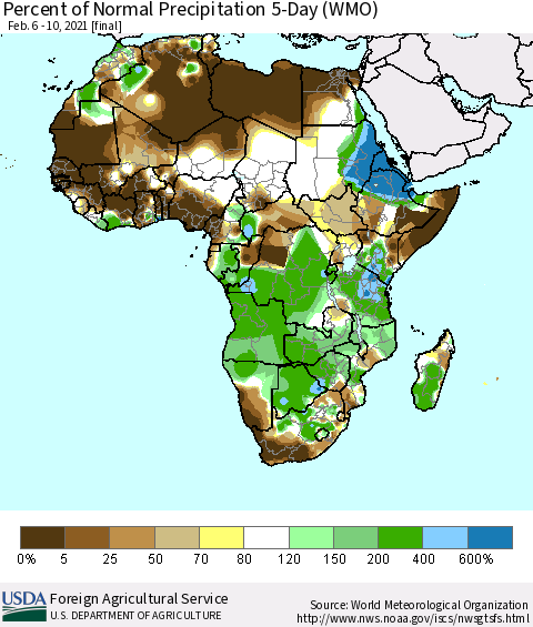 Africa Percent of Normal Precipitation 5-Day (WMO) Thematic Map For 2/6/2021 - 2/10/2021