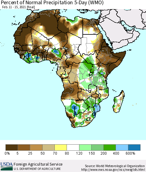 Africa Percent of Normal Precipitation 5-Day (WMO) Thematic Map For 2/11/2021 - 2/15/2021