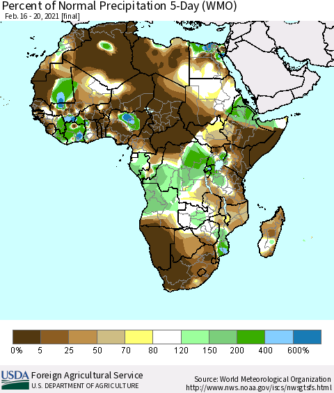 Africa Percent of Normal Precipitation 5-Day (WMO) Thematic Map For 2/16/2021 - 2/20/2021