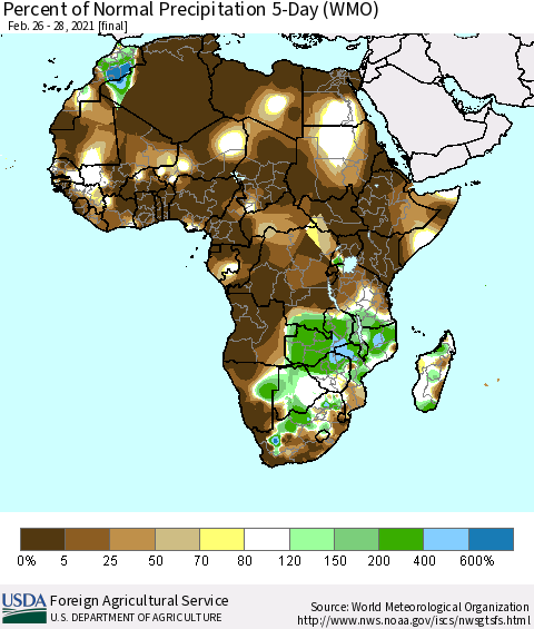Africa Percent of Normal Precipitation 5-Day (WMO) Thematic Map For 2/26/2021 - 2/28/2021