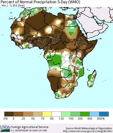 Africa Percent of Normal Precipitation 5-Day (WMO) Thematic Map For 3/1/2021 - 3/5/2021