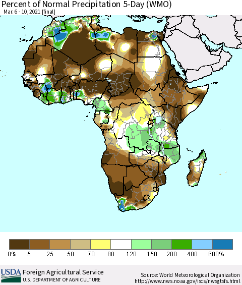 Africa Percent of Normal Precipitation 5-Day (WMO) Thematic Map For 3/6/2021 - 3/10/2021