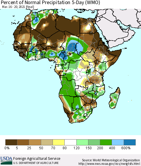 Africa Percent of Normal Precipitation 5-Day (WMO) Thematic Map For 3/16/2021 - 3/20/2021