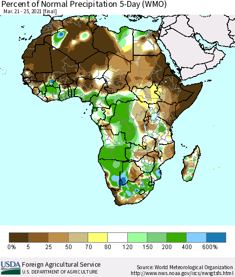 Africa Percent of Normal Precipitation 5-Day (WMO) Thematic Map For 3/21/2021 - 3/25/2021