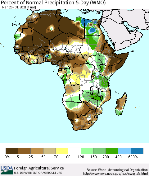 Africa Percent of Normal Precipitation 5-Day (WMO) Thematic Map For 3/26/2021 - 3/31/2021