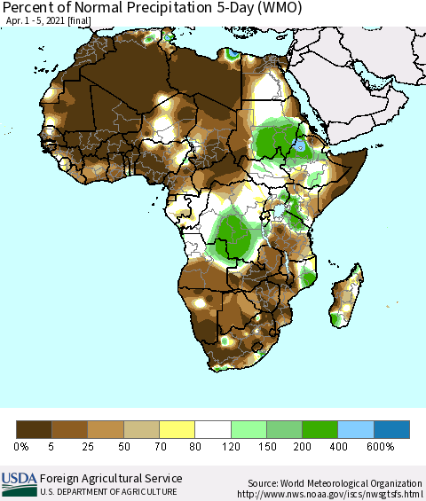 Africa Percent of Normal Precipitation 5-Day (WMO) Thematic Map For 4/1/2021 - 4/5/2021