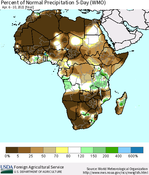 Africa Percent of Normal Precipitation 5-Day (WMO) Thematic Map For 4/6/2021 - 4/10/2021