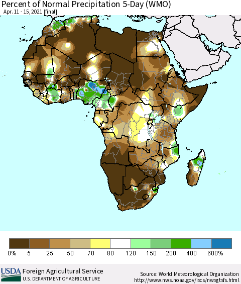 Africa Percent of Normal Precipitation 5-Day (WMO) Thematic Map For 4/11/2021 - 4/15/2021
