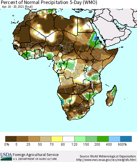 Africa Percent of Normal Precipitation 5-Day (WMO) Thematic Map For 4/16/2021 - 4/20/2021