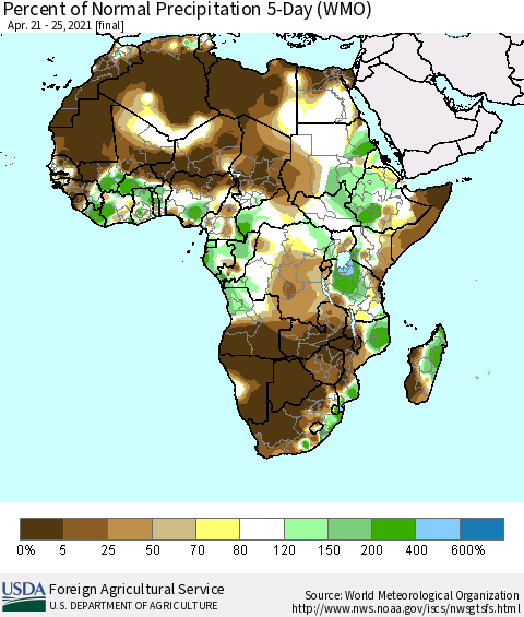 Africa Percent of Normal Precipitation 5-Day (WMO) Thematic Map For 4/21/2021 - 4/25/2021