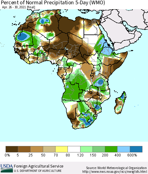 Africa Percent of Normal Precipitation 5-Day (WMO) Thematic Map For 4/26/2021 - 4/30/2021