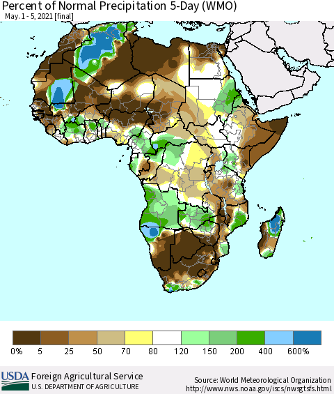 Africa Percent of Normal Precipitation 5-Day (WMO) Thematic Map For 5/1/2021 - 5/5/2021