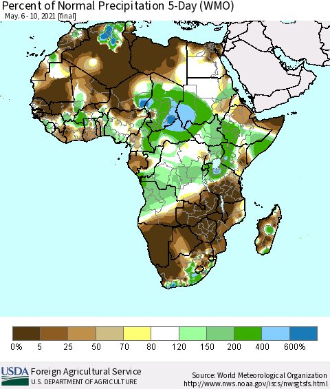 Africa Percent of Normal Precipitation 5-Day (WMO) Thematic Map For 5/6/2021 - 5/10/2021