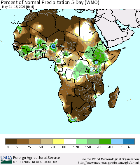 Africa Percent of Normal Precipitation 5-Day (WMO) Thematic Map For 5/11/2021 - 5/15/2021