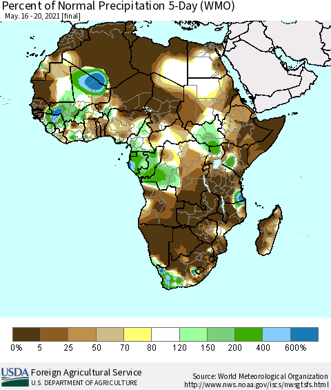 Africa Percent of Normal Precipitation 5-Day (WMO) Thematic Map For 5/16/2021 - 5/20/2021