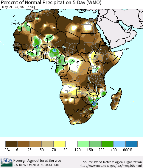 Africa Percent of Normal Precipitation 5-Day (WMO) Thematic Map For 5/21/2021 - 5/25/2021