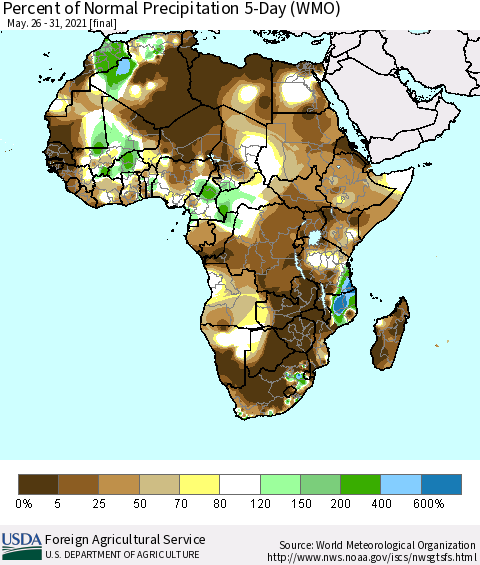 Africa Percent of Normal Precipitation 5-Day (WMO) Thematic Map For 5/26/2021 - 5/31/2021