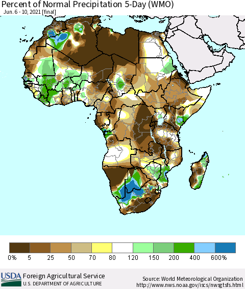 Africa Percent of Normal Precipitation 5-Day (WMO) Thematic Map For 6/6/2021 - 6/10/2021
