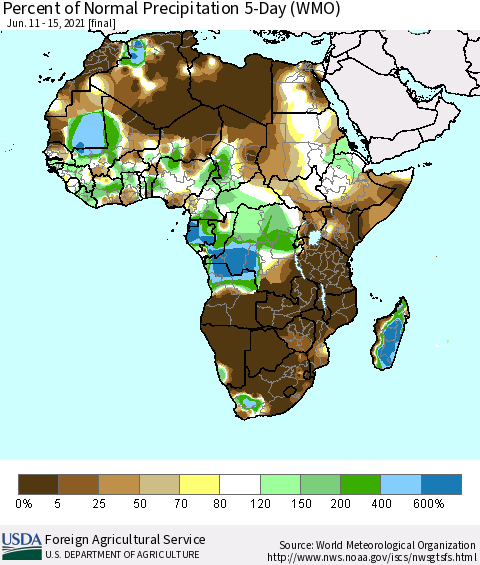 Africa Percent of Normal Precipitation 5-Day (WMO) Thematic Map For 6/11/2021 - 6/15/2021