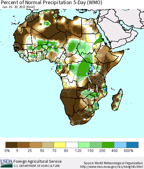 Africa Percent of Normal Precipitation 5-Day (WMO) Thematic Map For 6/16/2021 - 6/20/2021