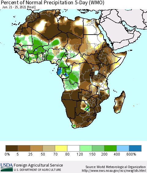 Africa Percent of Normal Precipitation 5-Day (WMO) Thematic Map For 6/21/2021 - 6/25/2021