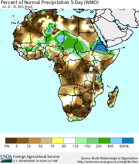 Africa Percent of Normal Precipitation 5-Day (WMO) Thematic Map For 7/21/2021 - 7/25/2021