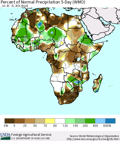 Africa Percent of Normal Precipitation 5-Day (WMO) Thematic Map For 7/26/2021 - 7/31/2021
