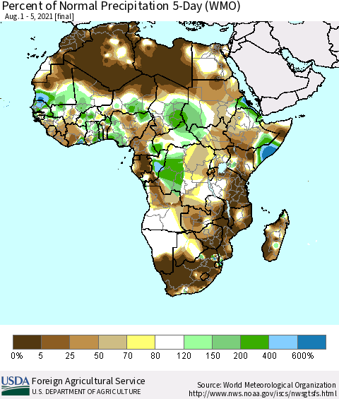 Africa Percent of Normal Precipitation 5-Day (WMO) Thematic Map For 8/1/2021 - 8/5/2021
