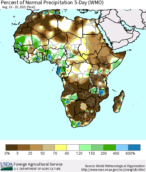Africa Percent of Normal Precipitation 5-Day (WMO) Thematic Map For 8/16/2021 - 8/20/2021