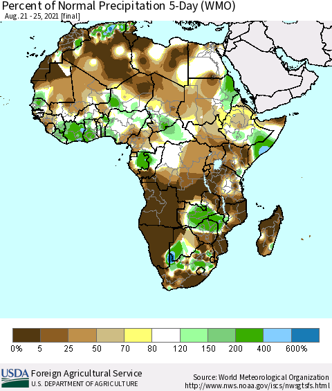 Africa Percent of Normal Precipitation 5-Day (WMO) Thematic Map For 8/21/2021 - 8/25/2021