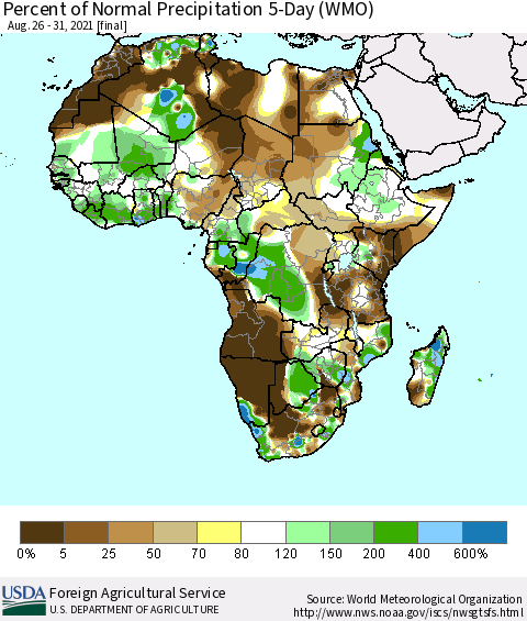 Africa Percent of Normal Precipitation 5-Day (WMO) Thematic Map For 8/26/2021 - 8/31/2021