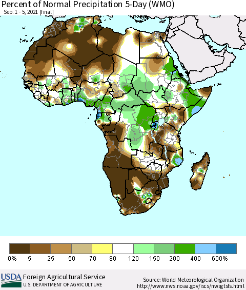 Africa Percent of Normal Precipitation 5-Day (WMO) Thematic Map For 9/1/2021 - 9/5/2021