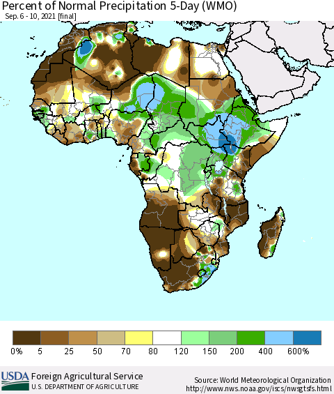 Africa Percent of Normal Precipitation 5-Day (WMO) Thematic Map For 9/6/2021 - 9/10/2021