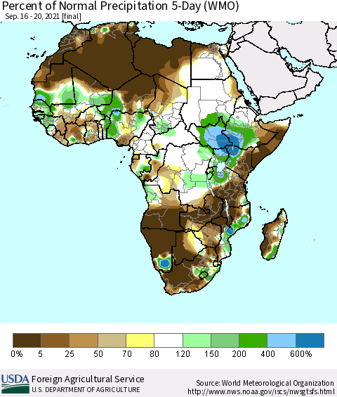 Africa Percent of Normal Precipitation 5-Day (WMO) Thematic Map For 9/16/2021 - 9/20/2021