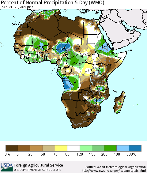 Africa Percent of Normal Precipitation 5-Day (WMO) Thematic Map For 9/21/2021 - 9/25/2021