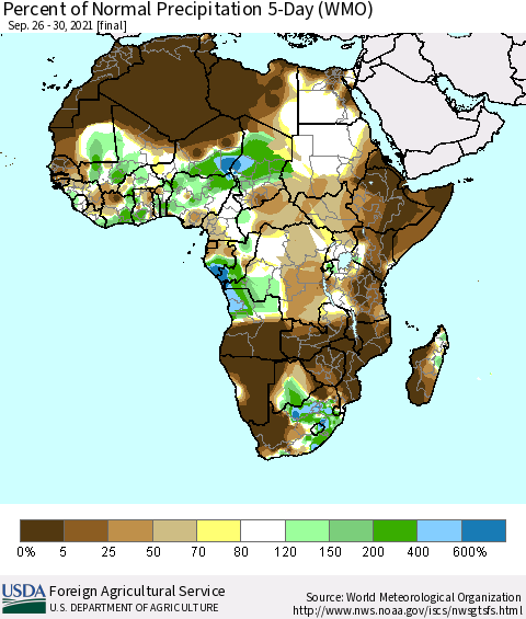 Africa Percent of Normal Precipitation 5-Day (WMO) Thematic Map For 9/26/2021 - 9/30/2021