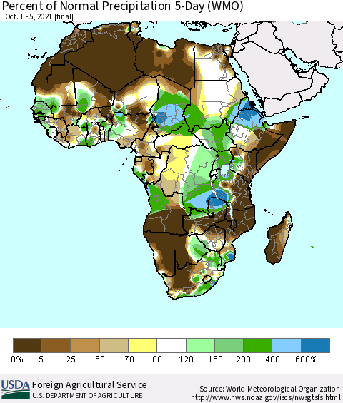 Africa Percent of Normal Precipitation 5-Day (WMO) Thematic Map For 10/1/2021 - 10/5/2021
