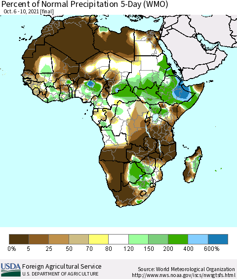 Africa Percent of Normal Precipitation 5-Day (WMO) Thematic Map For 10/6/2021 - 10/10/2021