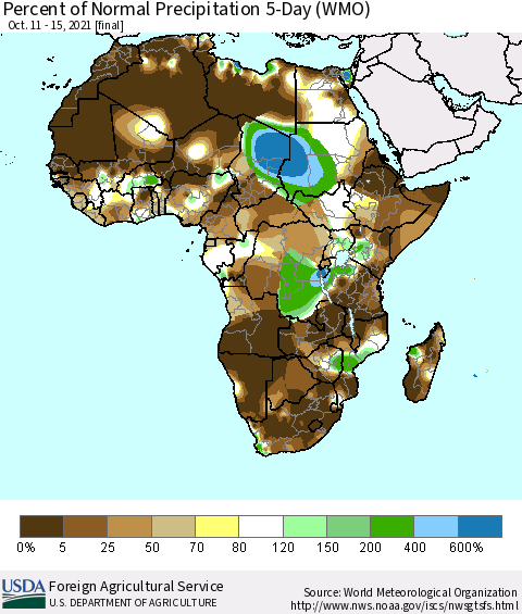 Africa Percent of Normal Precipitation 5-Day (WMO) Thematic Map For 10/11/2021 - 10/15/2021