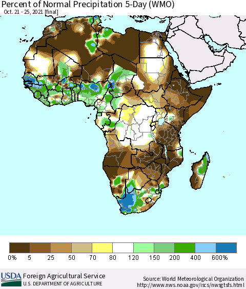 Africa Percent of Normal Precipitation 5-Day (WMO) Thematic Map For 10/21/2021 - 10/25/2021