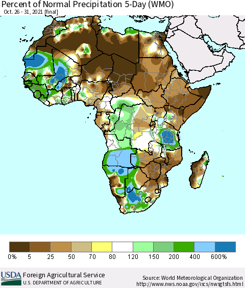 Africa Percent of Normal Precipitation 5-Day (WMO) Thematic Map For 10/26/2021 - 10/31/2021