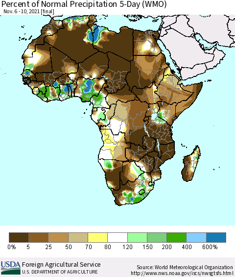 Africa Percent of Normal Precipitation 5-Day (WMO) Thematic Map For 11/6/2021 - 11/10/2021