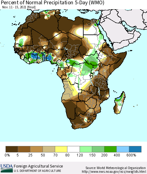 Africa Percent of Normal Precipitation 5-Day (WMO) Thematic Map For 11/11/2021 - 11/15/2021