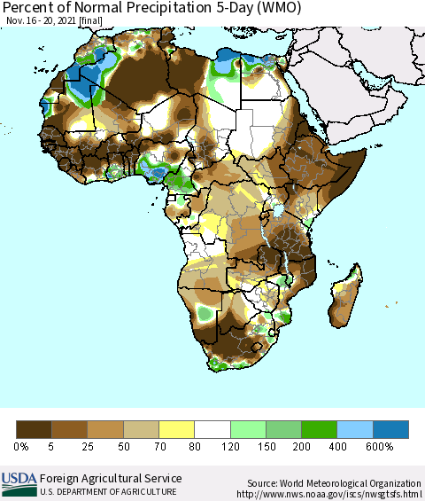 Africa Percent of Normal Precipitation 5-Day (WMO) Thematic Map For 11/16/2021 - 11/20/2021
